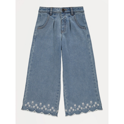 George Mid Blue Embroidered Hem Wide Leg Jeans