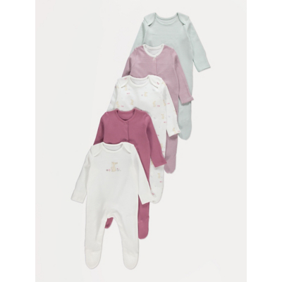 George Bunny Striped Sleepsuits 5 Pack - Burgundy