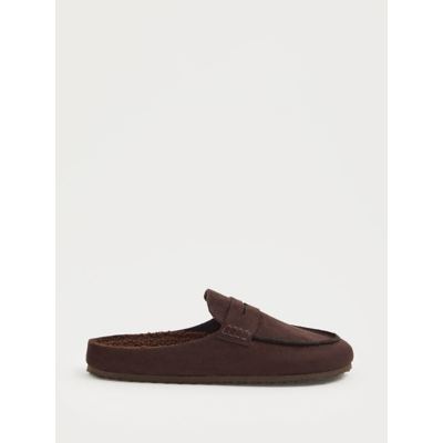 George Chocolate Suedette Borg Lined Loafer Mule Slippers - Chocolate Brown