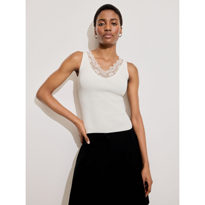George Cream Ribbed Lace Trim V Neck Vest
