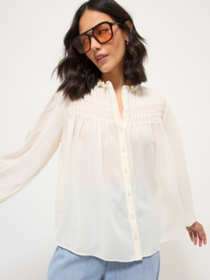 Cream Frill Neck Pintuck Long Sleeve Blouse | Women | George at ASDA