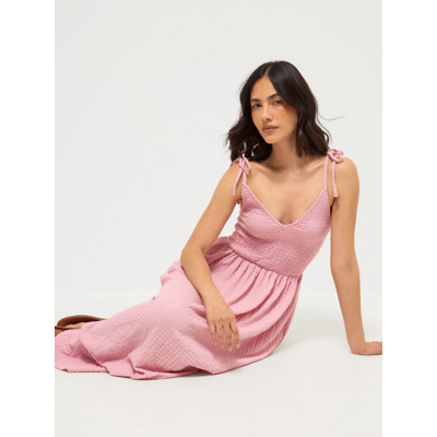 George Pink Shirred Tie Shoulder Midi Dress