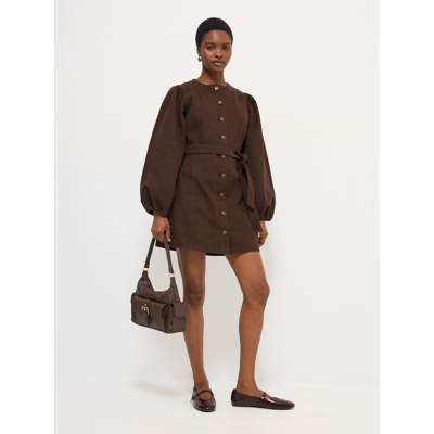 George Chocolate Brown Denim Balloon Sleeve Belted Mini Dress