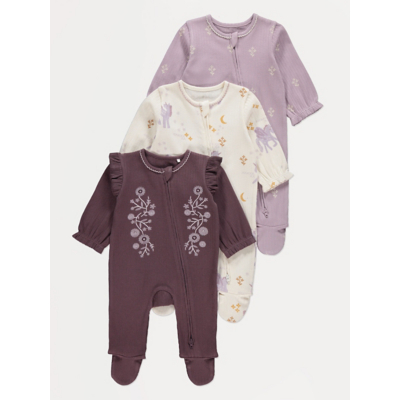 George Floral Embroidered Ribbed Zip Fasten Sleepsuits 3 Pack - Purple