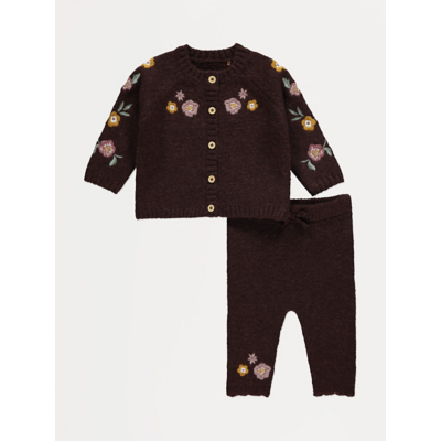 George Chocolate Flower Embroidered Cardigan and Trousers Set - Brown