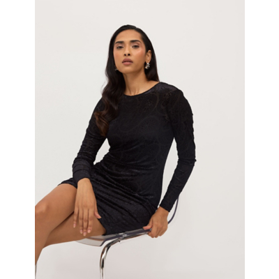 George Black Flocked Paisley Long Sleeve Side Ruched Mini Dress