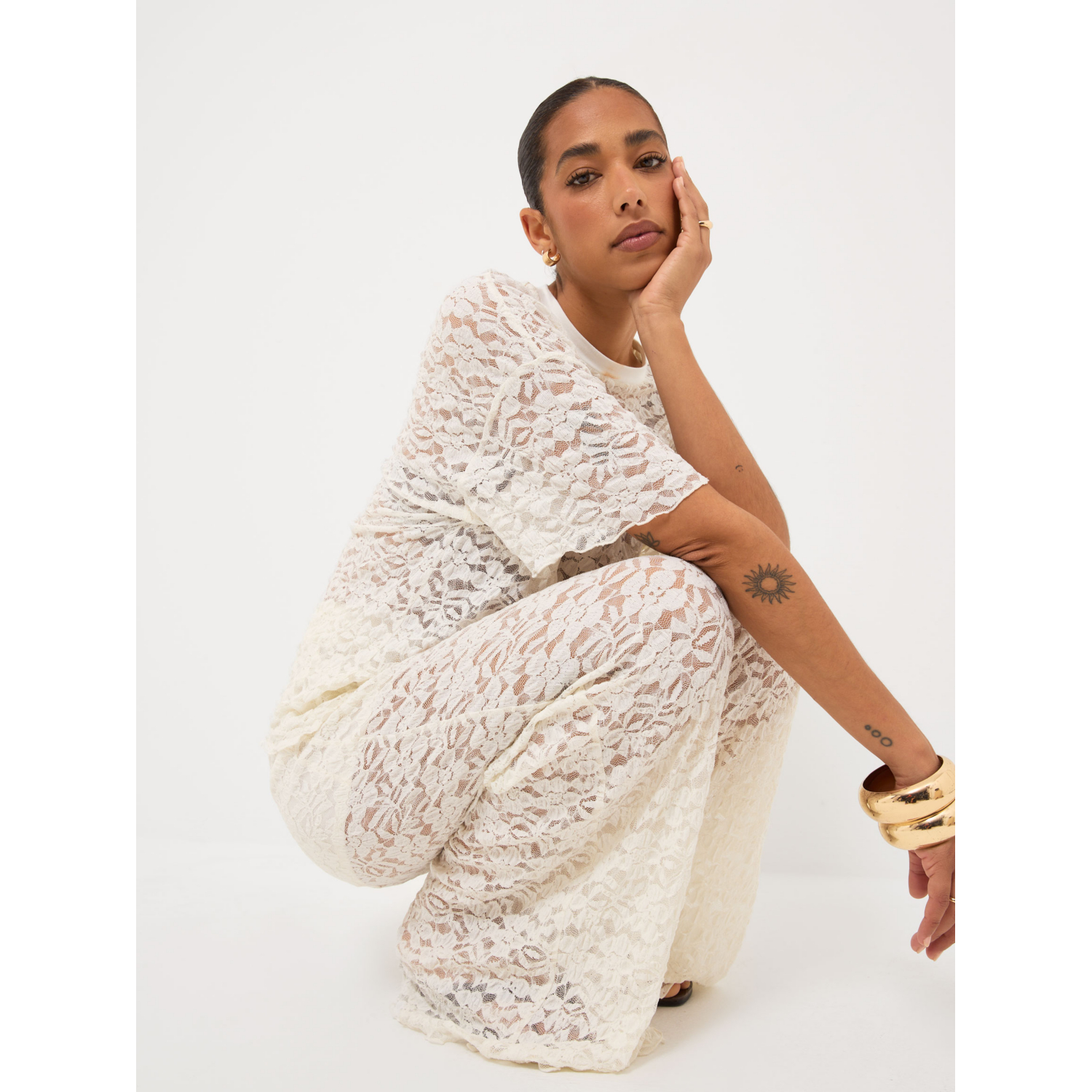 George Women's Cream Lace Wide Leg Trousers