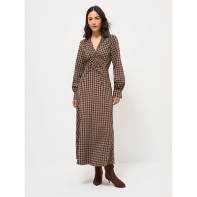George Brown Checked V Neck Ruched Long Sleeve Midi Dress - Chocolate Brown