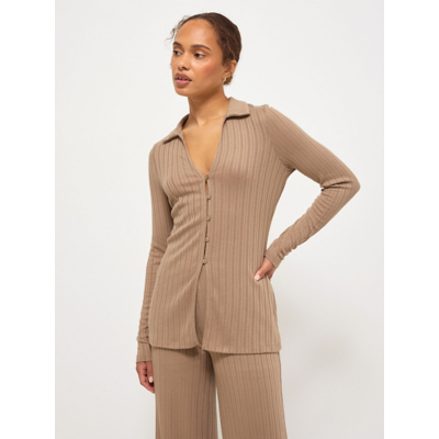 George Taupe Button Through Collared Long Sleeve Top