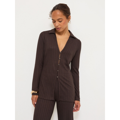 George Chocolate Button Through Collared Long Sleeve Top - Chocolate Brown