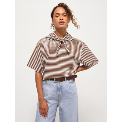 George Taupe Stripe Scarf Neck Short Sleeve Top