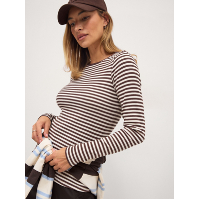 George Brown Stripe Scoop Neck Long Sleeve Ribbed Top - Chocolate Brown