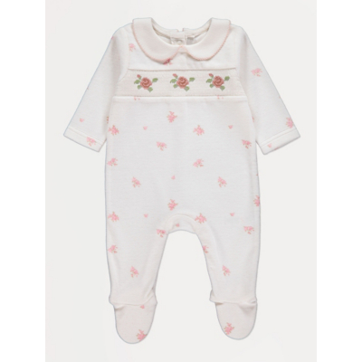 George White Floral Embroidered Collared Velour Sleepsuit