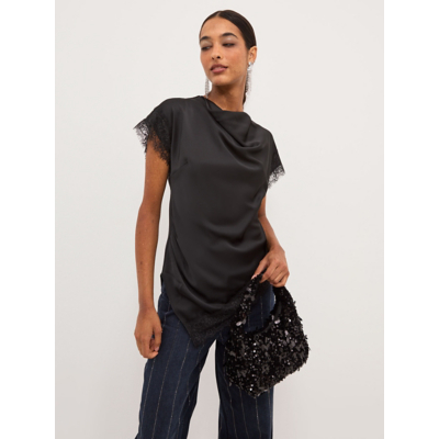 George Black Lace Trim Asymmetric Hem Satin Top