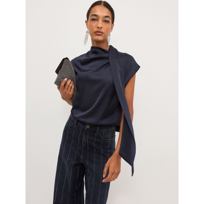 George Navy Satin Cowl Scarf Neck Sleeveless Blouse