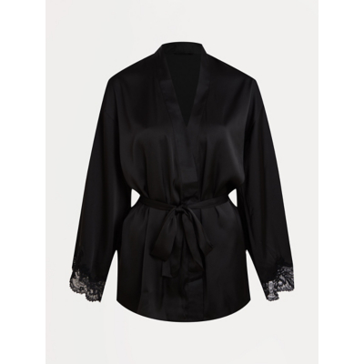 George Entice Black Satin Lace Trim Short Wrap Dressing Gown