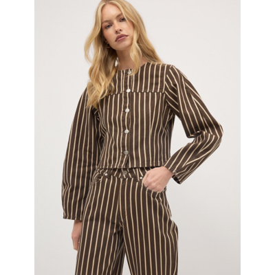 George Brown Striped Balloon Sleeve Collarless Denim Jacket - Chocolate Brown