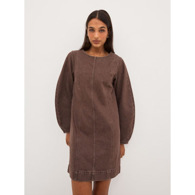 George Brown Balloon Sleeve Denim Mini Dress - Chocolate Brown