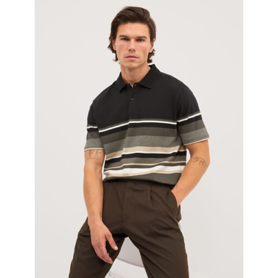 George Black Striped Short Sleeve Polo - Khaki