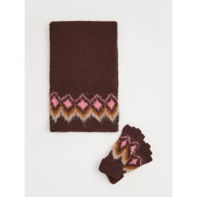 George Brown Fairisle Scarf and Fingerless Gloves Set - Chocolate Brown