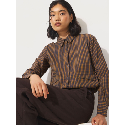 George Studio Edit Check Elastic Hem Long Sleeve Shirt - Chocolate Brown