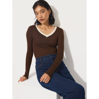 George Studio Edit Chocolate Contrast Trim Henley Top - Chocolate Brown