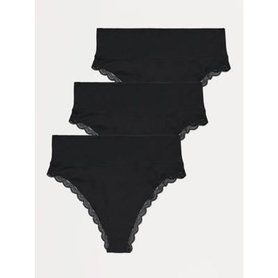 George Black High Waist Lace Trim Thongs 3 Pack