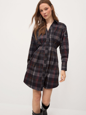 Her lip to ♡ Checked Shirt Mini Dress Charcoal Checked Long Sleeve Pintuck Mini Shirt Dress | Women