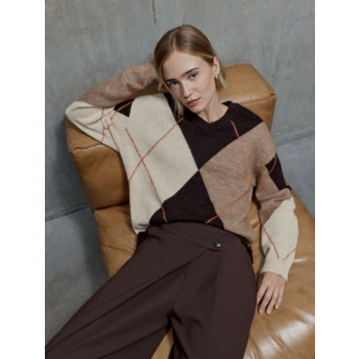 George Studio Edit Brown Argyle V Neck Jumper with Wool - Chocolate Brown