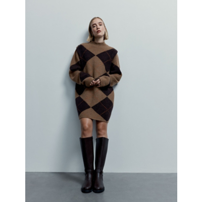 George Studio Edit Brown Argyle High Neck Mini Jumper Dress - Chocolate Brown
