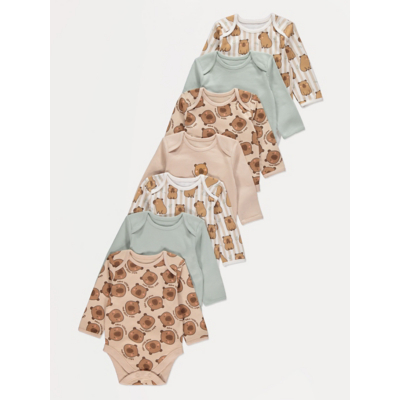George Capybara Striped Long Sleeve Bodysuits 7 Pack - Brown