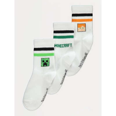 George Minecraft Striped Ribbed Cotton Rich Ankle Socks 3 Pack - White