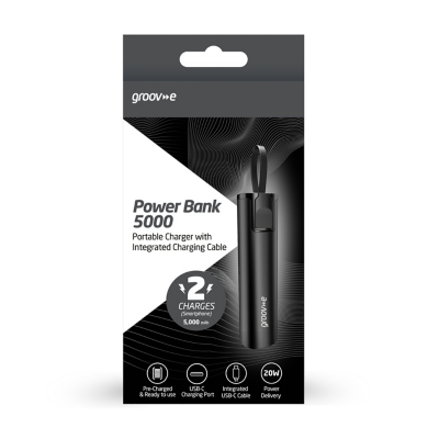Groov-e 5000mAh Portable Powerbank With Integrated Cable - Black, Black