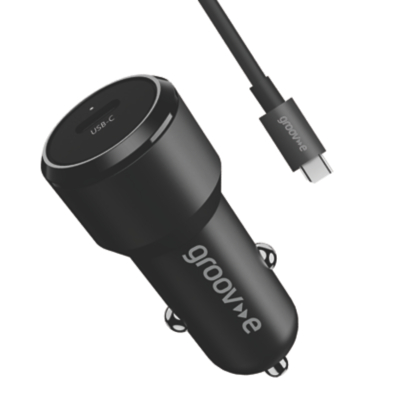 Groov-e 30W USB-C In-Car Charger (with USB-C to USB-C cable included), Black