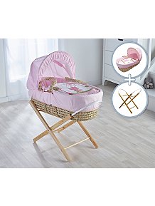 Isabella Alicia Traditional Baby Pink Broderie Anglaise Maize Moses Basket with Folding Stand and Mattress
