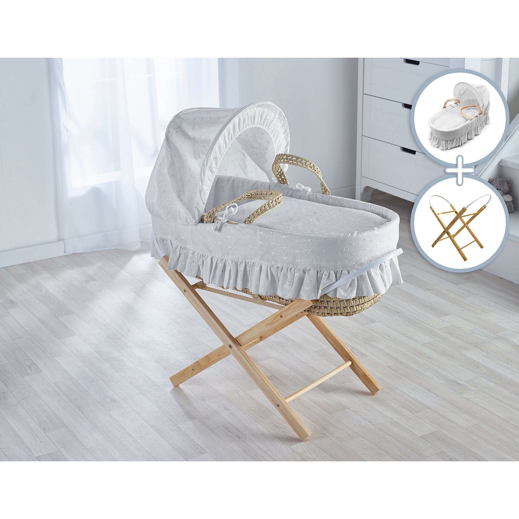 Isabella Alicia Traditional Baby Blue Broderie Anglaise Maize Moses Basket with Folding Stand and Mattress