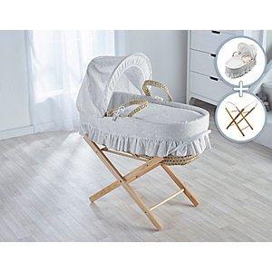 Isabella Alicia Traditional Baby Pink Broderie Anglaise Maize Moses Basket with Folding Stand and Mattress