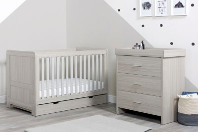 Ickle Bubba Grey Pembrey Cot Bed with Under Drawer and Changing Drawer