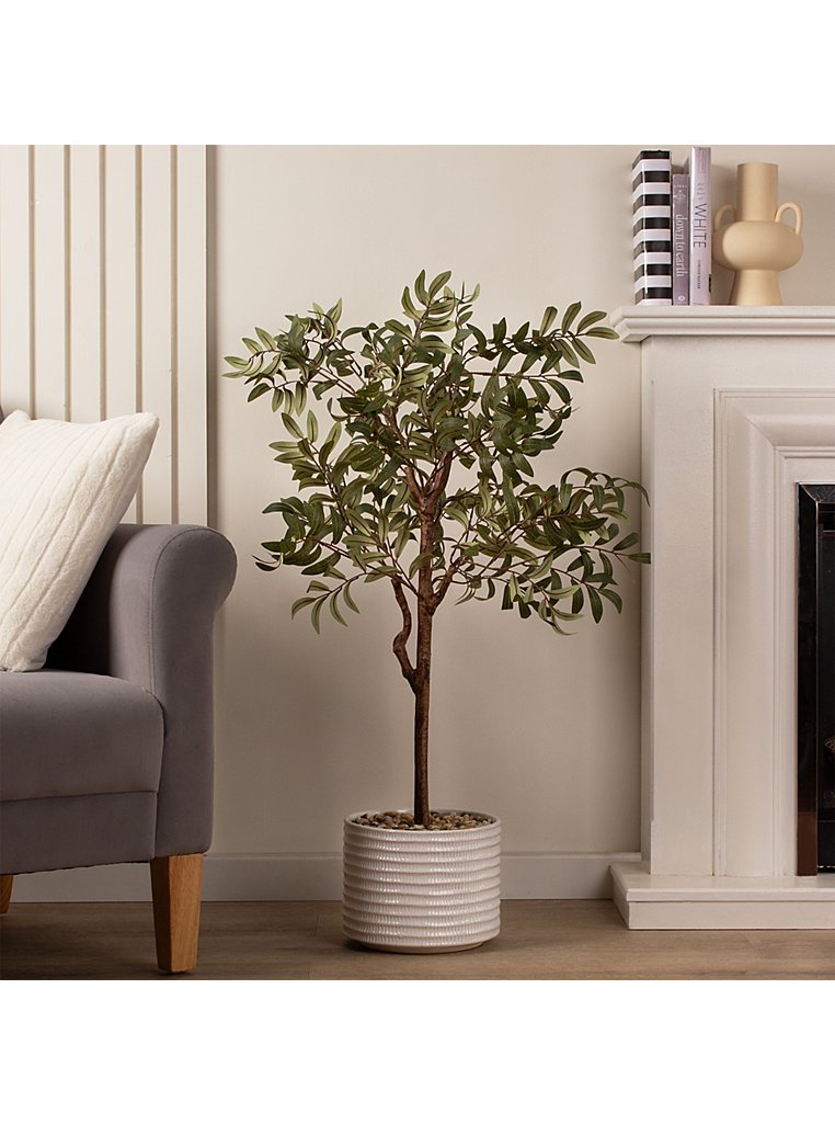 Artificial 110cm Olive Tree in Ribbed Ceramic Pot, Home