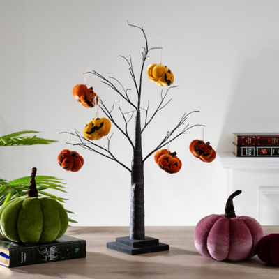Scottish Everlastings Ltd 6pc Hanging Velvet Pumpkins with Faces in Orange
