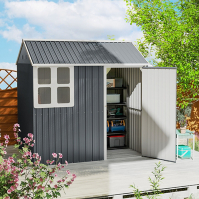Outsunny 7 x 6 ft Metal Garden Shed Outdoor Storage Shed w/ Door, Dark Grey, Grey
