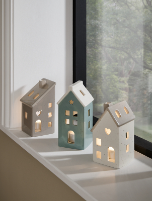 Green & White Speckled House Tealight Holders Set of 3 Home