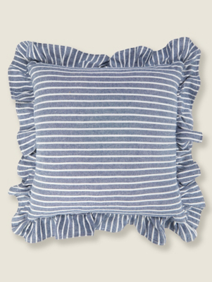 Blue & White Striped Ruffle Cushion Home at ASDA