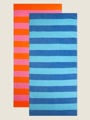 Blue & Pink Printed Stripe Beach Towel Set of 2 Home at ASDA
