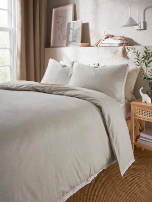 Natural Textured Lace Trim Duvet Set Home at ASDA