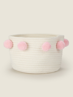 White & Pink Rope Pom Pom Small Storage Basket Home at ASDA