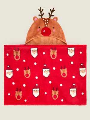 Red Reindeer Christmas Hooded Fleece Blanket Baby at ASDA