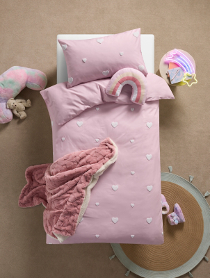 Pink Embroidery Hearts Single Duvet Set Home at ASDA
