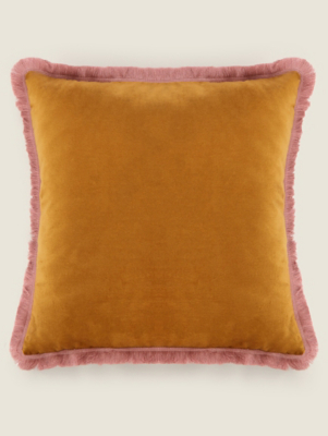 Yellow Square Fringed Velvet Cushion Home at ASDA