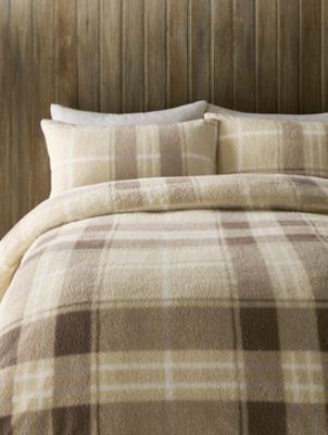 Natural Winter Check Printed Teddy Duvet Set Home at ASDA